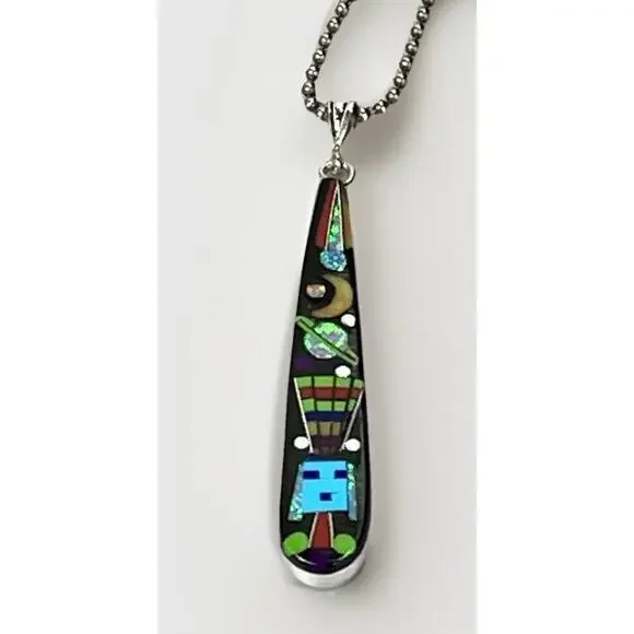 ZUNI Galaxy Rainbow Kachina Micro Inlay Pendant 925 Sterling Silver Necklace - Picture 5 of 16